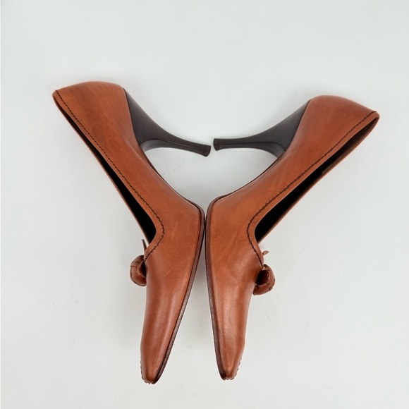 Prada Vintage Brown Leather 3D flower appilique square toe 100mm pumps EU37 - Picture 3 of 9